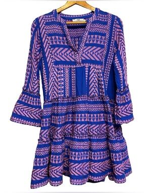 Devotion TWINS Blue Pink Geometric Woven Tier Bell Sleeve Mini Dress Medium